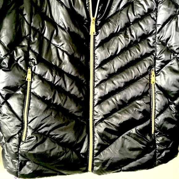 Black Puffer Jacket Full Zip W Hidden Hood Sz Lg - Picture 2 of 6